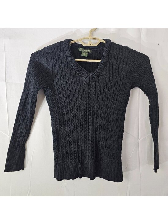 Eddie Bauer Sweaters - Eddie Bauer Sweater Womens M Black V Neck Cable Knit Long Sleeve Pullover Top